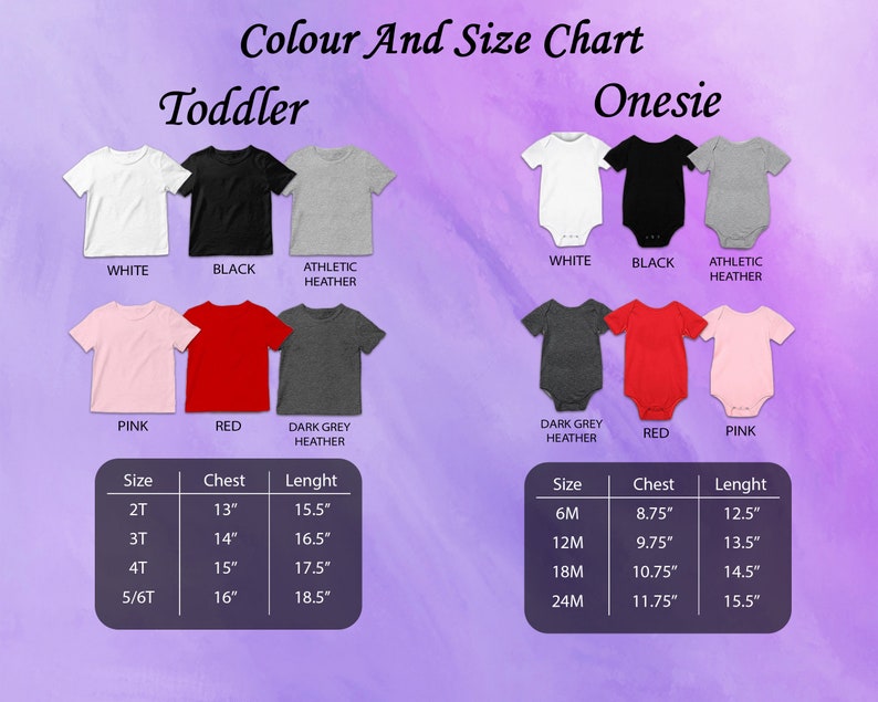 Puede incluir: Una tabla de colores y tallas para camisetas y bodies de ni&ntilde;o peque&ntilde;o. La tabla muestra varios colores, incluyendo blanco, negro, rosa y rojo. Se proporcionan detalles de tallas y medidas para cada prenda, con medidas de pecho y largo en pulgadas.