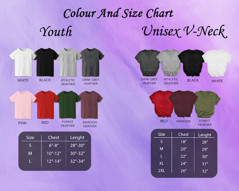 Puede incluir: Una tabla de colores y tallas para camisetas de cuello en V unisex y juveniles. La tabla muestra varios colores de camisetas, incluyendo blanco, negro, rosa, rojo y gris jaspeado. Las medidas est&aacute;n en pulgadas.