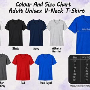 a color and size chart for an adult unisex v-neck t-shirt, featuring various color options and corresponding measurements.