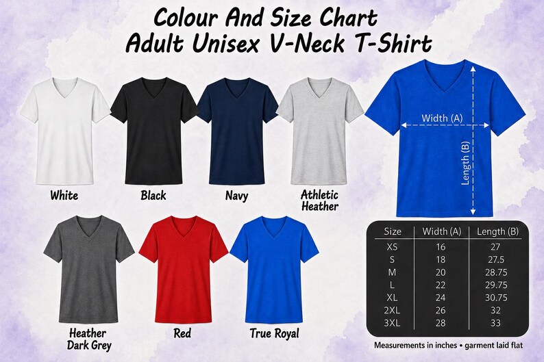 a color and size chart for an adult unisex v-neck t-shirt, featuring various color options and corresponding measurements.