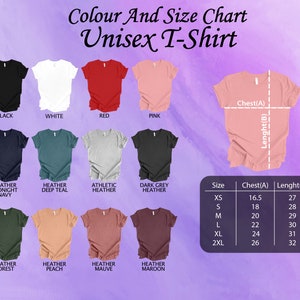 Puede incluir: Tabla de colores y tallas para una camiseta unisex, con colores como negro, blanco, rojo y rosa. La tabla incluye medidas de pecho y largo en cm, con tallas de XS a 2XL.