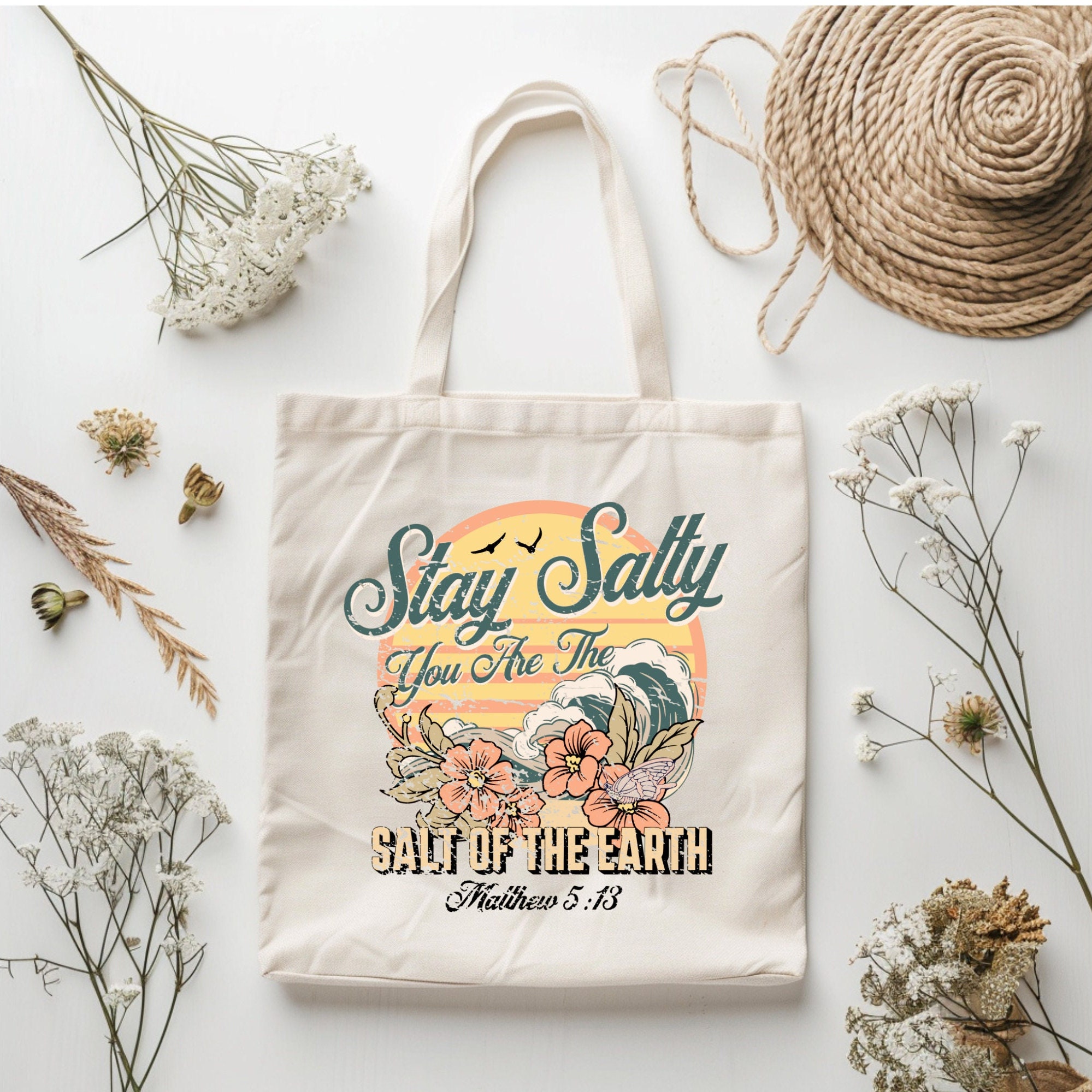 Stay Salty Bible Verse Tote, Christian Tote Bag, Beach Bag, Salt of the Earth, Faith Based, Christian Double Sided Beach Tote Bag