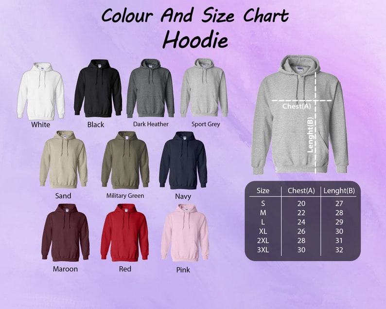 Puede incluir: Tabla de colores y tallas para sudaderas con capucha en varios colores, incluyendo blanco, negro, gris oscuro jaspeado, gris deportivo, arena, verde militar, azul marino, granate, rojo y rosa. La tabla muestra las medidas de pecho y longitud en pulgadas para las tallas S, M, L, XL, 2XL y 3XL.