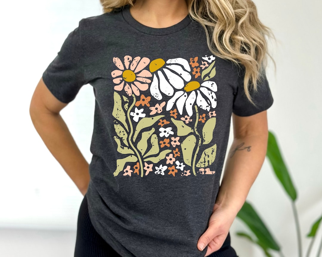 Flowers Tshirt, Boho Wild Flowers Floral Nature Shirt, Garment Dyed