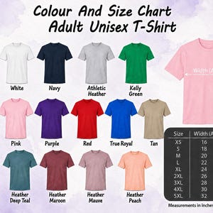 The image is a color and size chart for an adult unisex t-shirt, displaying various color options and corresponding measurements.