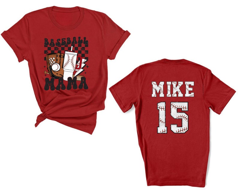 May include: Red baseball-themed t-shirts. One shirt features a baseball glove, baseball, drink, and the text "Baseball Mama". The other shirt displays "MIKE 15" in a baseball font.