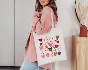 Red Hearts Print On Tote Bag, Love Bag, Birthday Gift, Valentine’s Day Gift