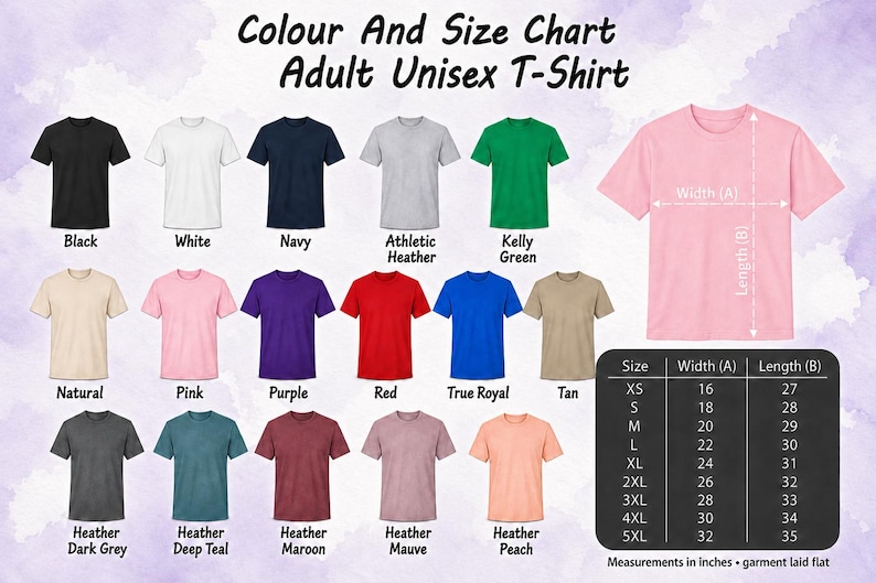 The image is a color and size chart for an adult unisex t-shirt, displaying various color options and corresponding measurements.