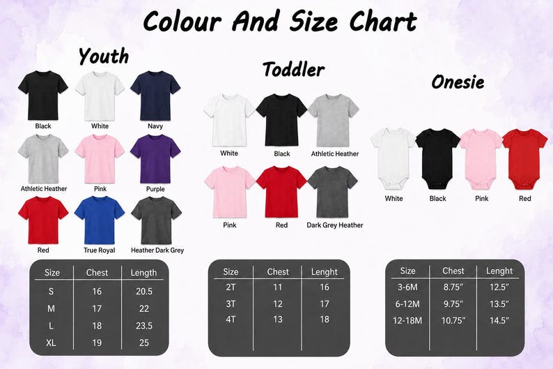 The image is a color and size chart for children's clothing, including t-shirts and onesies in various colors and sizes.