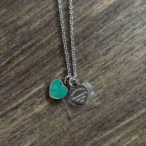 Please Return to… steel double charm heart dainty MINI blue green necklace silver with logo New York