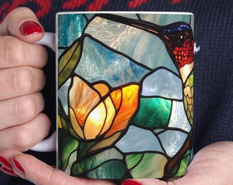 Hummingbird Stained Glass Effect Mug Cup for Bird Enthusiast Artistic Gift for Nature Lover Decorative Hummingbird Coffee Mug Gift Ideas
