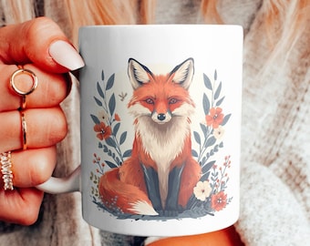 Fox Coffee Mug, Fox and Flowers Cup, Fox Lover Gift, Woodland Boho Cottagecore Fox Mug, Woods and Forest Animal Lover Gift, Fox Gift, 11oz