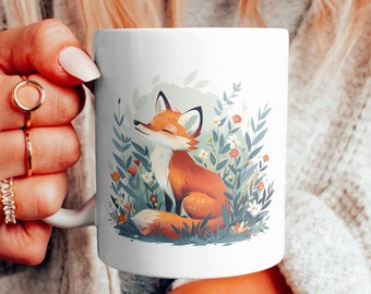Fox Coffee Mug, Fox and Flowers Cup, Fox Lover Gift, Woodland Adorable Fox Mug, Woods and Forest Cute Animal Lover Gift, Fox Gift, 11oz