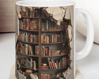 Book Mug, Library Bookshelf Mug, Book Lover Mug, Reader Mug, Reading Lover Coffee Cup, Bookish Gifts, Novelty Gifts for Him & Her, 11 oz
