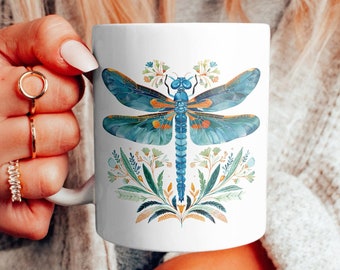 Dragonfly Coffee Mug, Vintage Boho Style Dragonfly Tea Cup, Nature Lover Cup, Gift for Her, Botanical Mug, Cottagecore Mug, Coffee Mug, 11oz