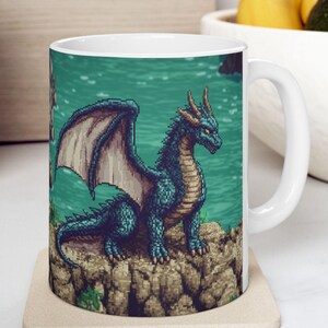 Lo Fi Pixel Art Nostalgic RPG Blue Dragon Coffee Mug, 16 bit 8 bit Nostalgia Video Game Mug, Retro Gamer Gift, 80s 90s Gamer Gifts