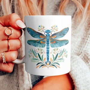 Dragonfly Coffee Mug, Vintage Boho Style Dragonfly Tea Cup, Nature Lover Cup, Gift for Her, Botanical Mug, Cottagecore Mug, Coffee Mug, 11oz