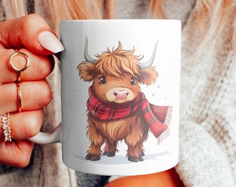 Cute Highland Cow Mug, Cow Lovers Gift, Highland Cow Gift, Farm Mug, Christmas Cow Mug, Cow Scarf Mug, Gift for Her, Highland Cow Cup, 11oz