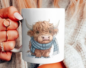 Highland Cow Mug, Cow Lovers Gift, Cute Highland Cow Gift, Farm Mug, Christmas Cow Mug, Cow Scarf Mug, Gift for Her, Highland Cow Cup, 11oz