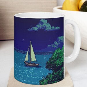 Lo Fi Pixel Art Nostalgic RPG Sailboat Coffee Mug, 16 bit 8 bit Nostalgia Video Game Mug, Retro Gamer Gift, 80s 90s Gamer Gifts
