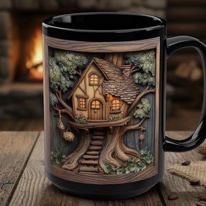 Treehouse Mug, Cozy Treehouse in Woods Ceramic Mug, Wood Carved Effect Woodland Forest Art, Cabin Lover Gift, 15oz Woodland Cottagecore Art
