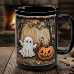 Cozy Ghost and Jack-o'-Lantern Friends Mug, Wood Effect Fall Halloween Coffee Cup, Spooky Season Cute Autumn Gift, 15oz Ceramic Pumpkin Art