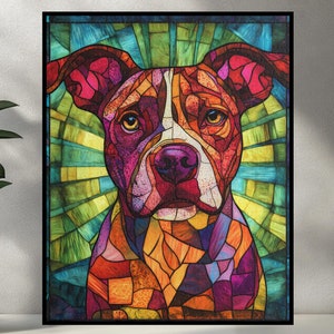May include: A colorful stained glass style illustration of a pit bull dog with a blue, green, yellow, orange, red, and purple background.