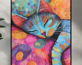 Cat Puzzle Colorful Sleepy Doodle Cat Puzzle Abstract Art Kitty Puzzle Cat Lover Jigsaw Puzzle Cool Cute Puzzle Gift for Cat Owner Whimsical