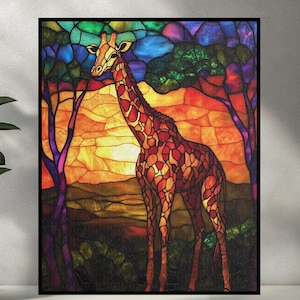 Stained Glass Giraffe Art Jigsaw Puzzle 120/252/500 Pieces Giraffe Puzzle Giraffe Artistic Puzzle Gift Idea for Zoo African Animal Lover