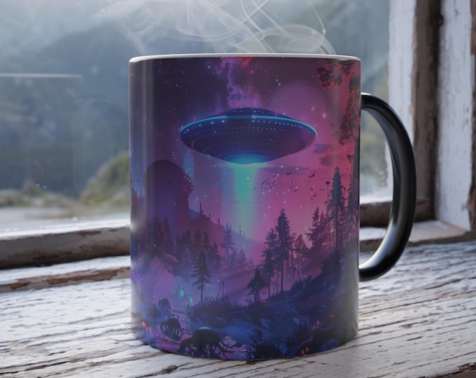 Color Changing Sci Fi UFO Alien Landscape Mug, Temperature Changing Otherworldly Mug, Color Morphing Heat Sensitive Space Planet Mug