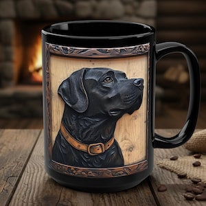 Black Lab Dog Mug, Rustic Wood Style Labrador Retriever Dog Owner Coffee Cup, Animal Lover Gift, Cute Puppy Pet Decor Mug 15oz, Canine Art