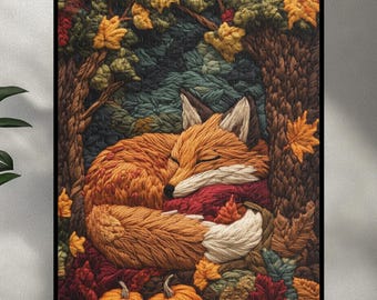Stitched Fox Puzzle, Sewing Effect Autumn Fox in Woods Jigsaw, Crochet Knit Fall Leaves Fox and Trees Art, Crafting Thread Nature Art Gift