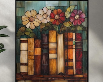 Stained Glass Flowers and Books Puzzle, Floral Reading Jigsaw, Literary Art Puzzle, Book Lover Art Gift, Reading Gift, Library Decor Puzzle