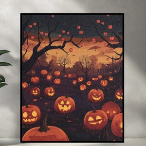 May include: A framed Halloween-themed puzzle featuring a field of carved jack-o'-lanterns under a dark, tree-filled sky. The pumpkins are orange with glowing faces, set against a backdrop of an orange and dark sky.