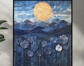 Denim Flowers Puzzle, Denim Art Sunset and Scenic Landscape Floral Field Jigsaw, Denim Lover Art Gift, Boho Abstract Wall Art Decor Gift