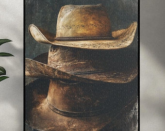 Vintage Style Cowboy Hats Puzzle, Southwestern Wall Art Gift, Rustic Western Jigsaw, Old West Hat Collection Home Decor Puzzle, Cowboy Art