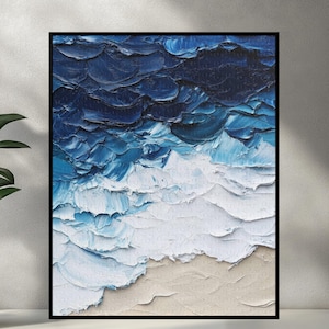 Blue Ocean Waves Art Puzzle, Deep Blue Water and Beach Artistic Painting Jigsaw, Abstract Art Sea Decorative Puzzle, Unique Wall Art Puzzle