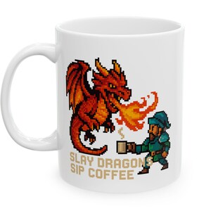 Slay Dragons Sip Coffee Mug, Pixel Art Fantasy Gamer Mug, Nostalgic Gaming Mug, Retro 16 Bit, Tabletop Gamer Gift, Video Game Lover Gift