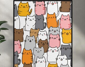 Kawaii Cats Puzzle, Cute Anime Cats Jigsaw, Funny Animated Kitty Puzzle, Goofy Kitten Art Gift, Cat Lover Puzzle, Japan Cat Puzzle