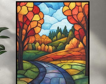Autumn Road Puzzle, Scenic Stained Glass Style Fall Landscape Jigsaw, Fall Leaves Art Puzzle, October Winding Road Decor Puzzle for Adults