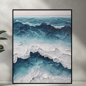 Abstract Blue Ocean Waves Art Puzzle, Deep Blue Water and Beach Artistic Painting Jigsaw, Sea Art Decorative Puzzle, Unique Wall Art Puzzle