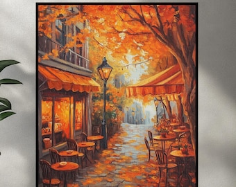 Fall Cafe Puzzle, Beautiful Autumn Harvest Jigsaw, Cozy Fall Leaves Puzzle, Fall Streets Gift, October Painting Decor Puzzle for Adults