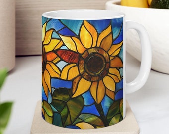 Sunflower Stained Glass Style Effect Mug Cup for Flower Enthusiast Decorative Colorful Flowers Coffee Mug Gift Artistic Gift Nature Mug