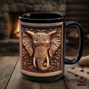 May include: Black coffee mug with a detailed, carved wooden elephant design. The elephant is in a wooden frame with intricate floral patterns. The mug sits on a wooden table with coffee beans scattered around.