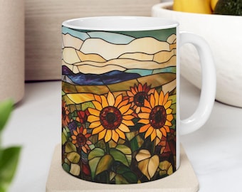 Sunflower Stained Glass Style Effect Mug Cup for Flower Enthusiast Decorative Colorful Flowers Coffee Mug Gift Artistic Gift Nature Gift