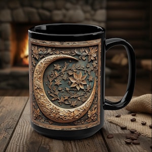 May include: Black ceramic mug featuring a detailed relief design of a crescent moon, flowers, and foliage. The design is in shades of gold and brown against a teal background. The mug has a black handle and rim, and sits on a wooden surface.