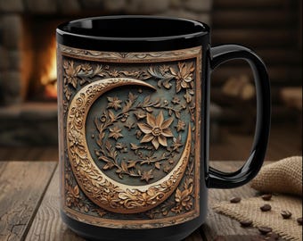 Intricate Crescent Moon Floral Mug Artistic Wood Effect Style Black Cup, Decorative Boho Moon Carving Art Gift, Black Celestial Pottery 15oz