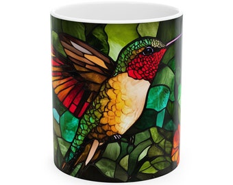 Hummingbird Stained Glass Style Effect Mug Cup for Bird Enthusiast Artistic Gift for Nature Lover Decorative Hummingbird Coffee Mug Gift