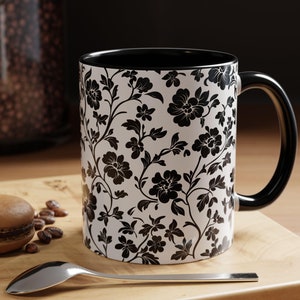 Black and White Flower Mug, Floral Mug, Floral Pattern Mug, Beautiful Flowers Coffee Mug, Gift for Mom, Gardener Gift, Nature Lover Tea Cup