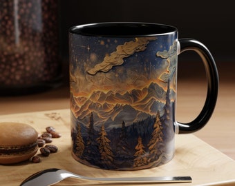Mountain And Trees Mug Coffee Mug Wood Panel Effect Tea Mug Carved Wood Style Moon and Trees Wooden Style Mountain Tea Cup Pine Tree